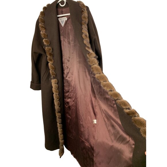 Vintage  Sz 16 Marvin Richards Brown Wool Coat Mink Trim Maxi Brown 7905 - Picture 3 of 15